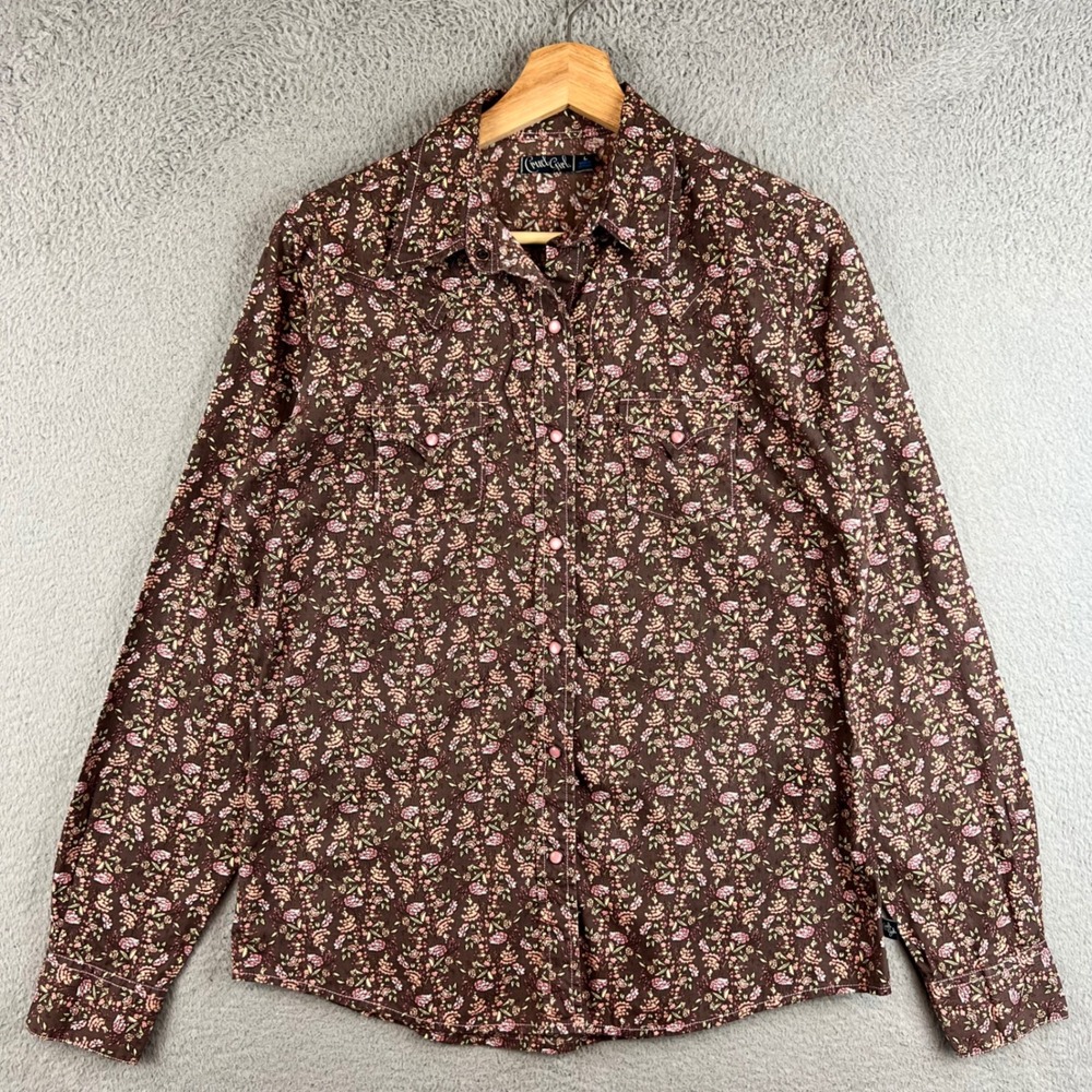 Cruel Girl Western Snap Shirt Girl Large Brown Pink Floral Long Sleeve Cowgirl